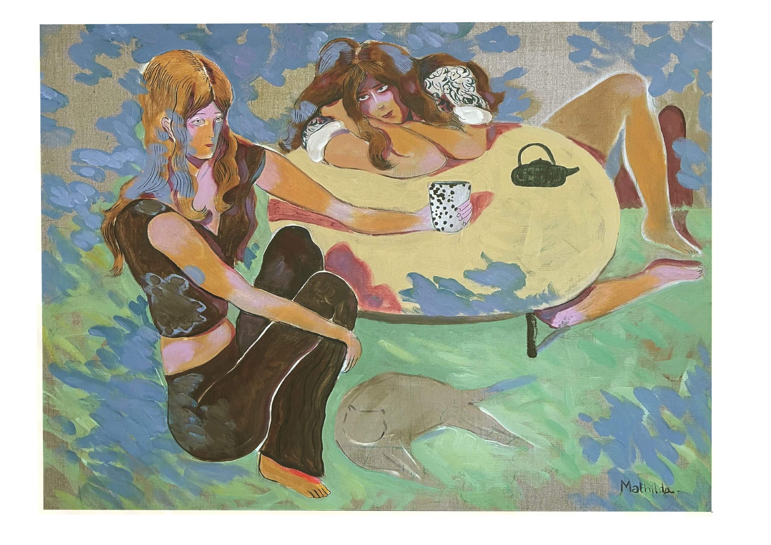 Peinture sur lin de deux sœurs buvant un thé autour d'une table.