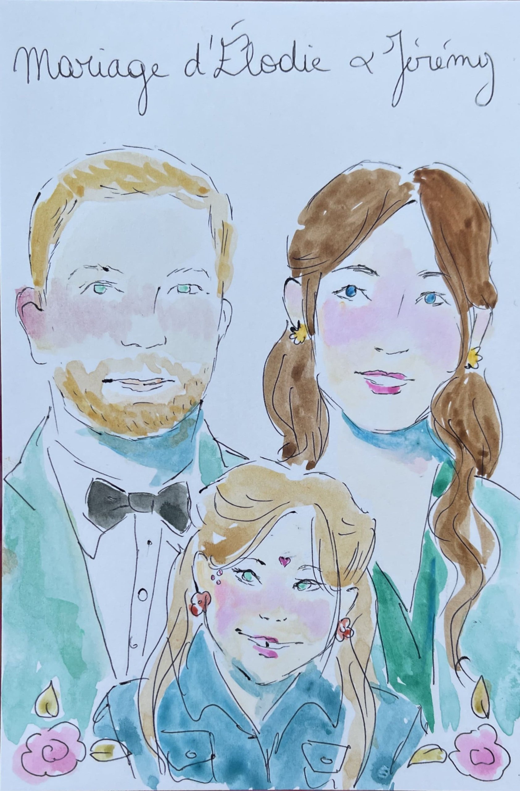 Portrait de famille, réalisé dans le cadre d'un mariage, à l'aquarelle.