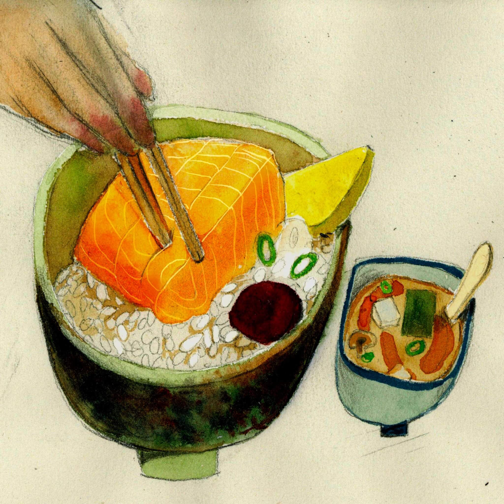 Illustration d'un repas : un bol de riz avec du saumon et un bol de soupe.