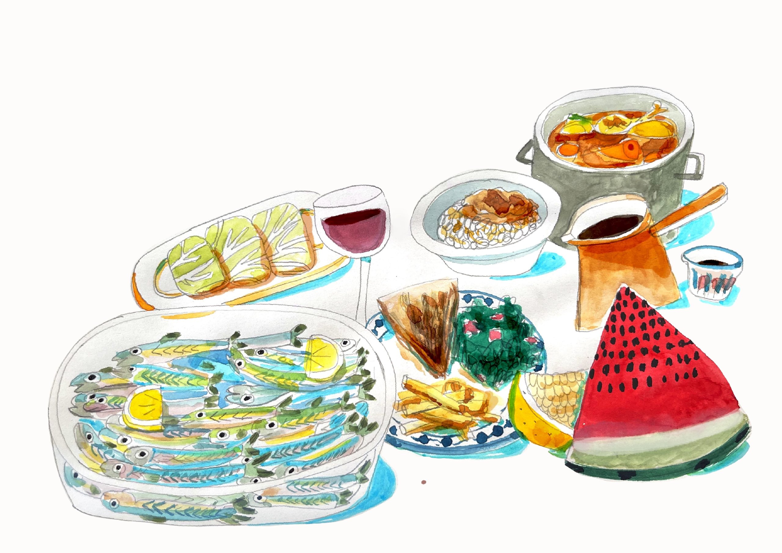 Illustration à l'aquarelle d'un repas libanais : chou farci, pastèque, poissons, soupe, riz, un verre de vin.